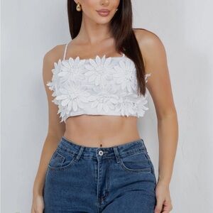 Crochet Embroidered Appliqué Floral Crop Top- WHITE